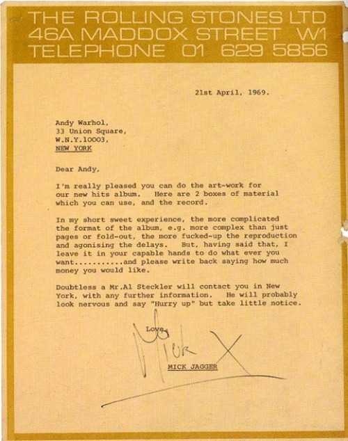I normally don’t re-blog, but this is too good to ignore.  Thanks Nick! nicholasscimeca:  A letter from Mick Jagger to Andy Warhol. It is pretty interesting to see how they communicated to each other.
