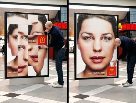 Puzzles de McDonald's carteles al aire libre se convirtieron en grandes puzzles interactivos empuje que los consumidores podrían resolver con el fin de "ordenar la cabeza". Esto se hizo para promover el café de McDonald's para los grandes sólo 1 euro en Suecia. [link]
